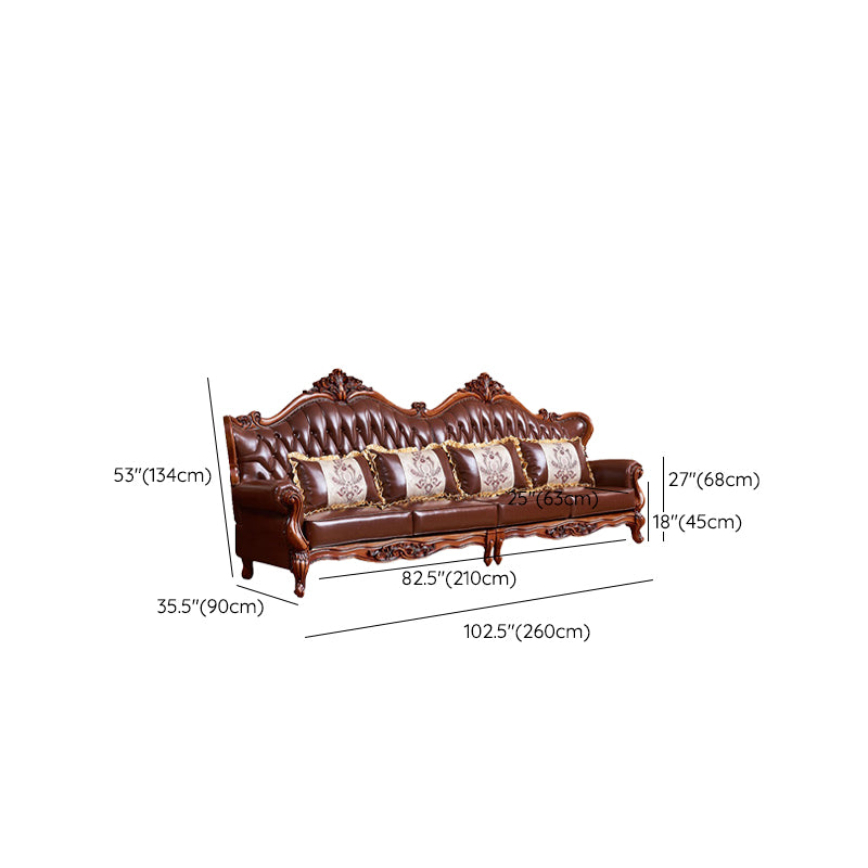 Ornate Traditional Tufted Split-Back Seating Flared Arm Sofa with Pillows in Brown