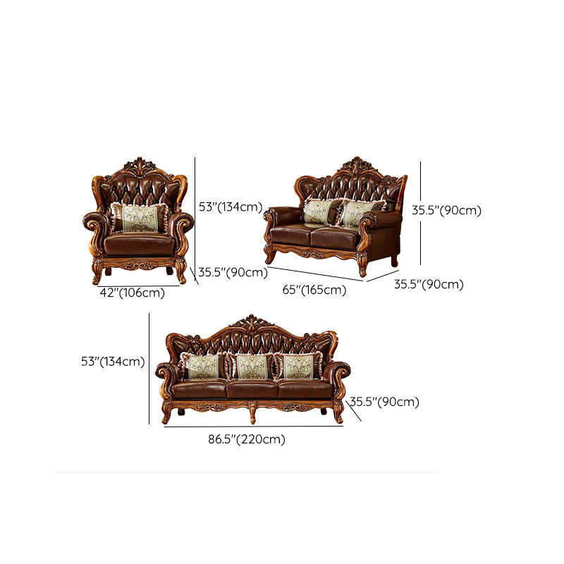 Ornate Traditional Tufted Split-Back Seating Flared Arm Sofa with Pillows in Brown