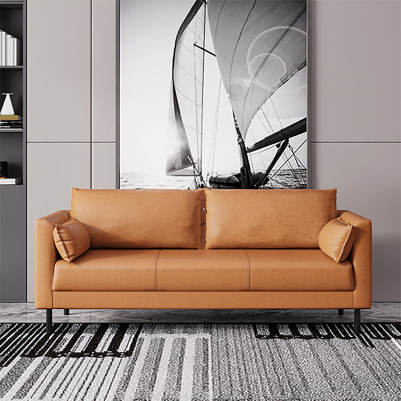 Scandinavian Faux Leather Sofa with 2 Pillows Square Arm Living Room Seating