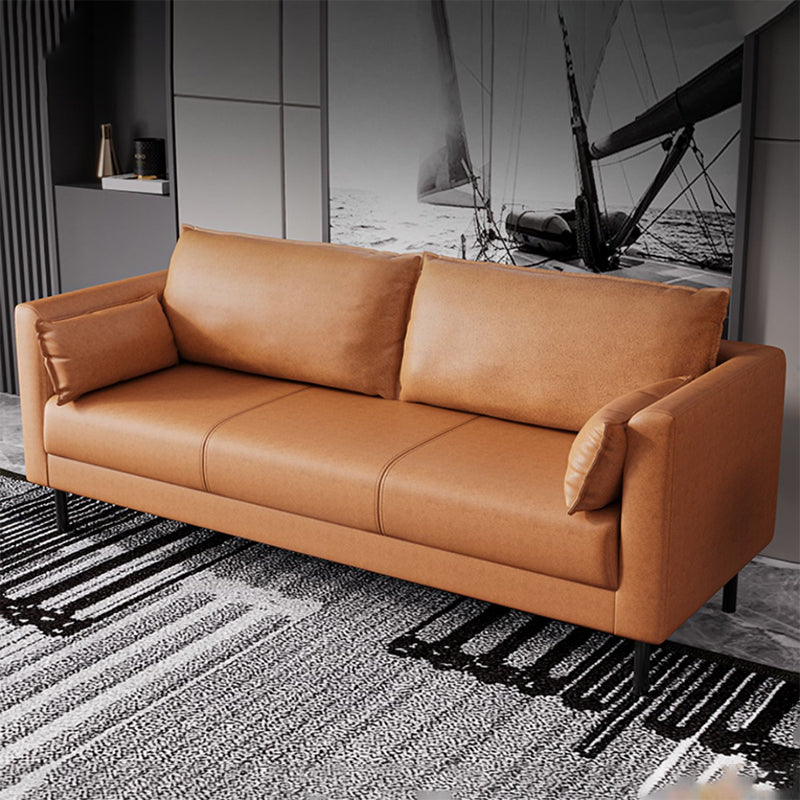 Scandinavian Faux Leather Sofa with 2 Pillows Square Arm Living Room Seating