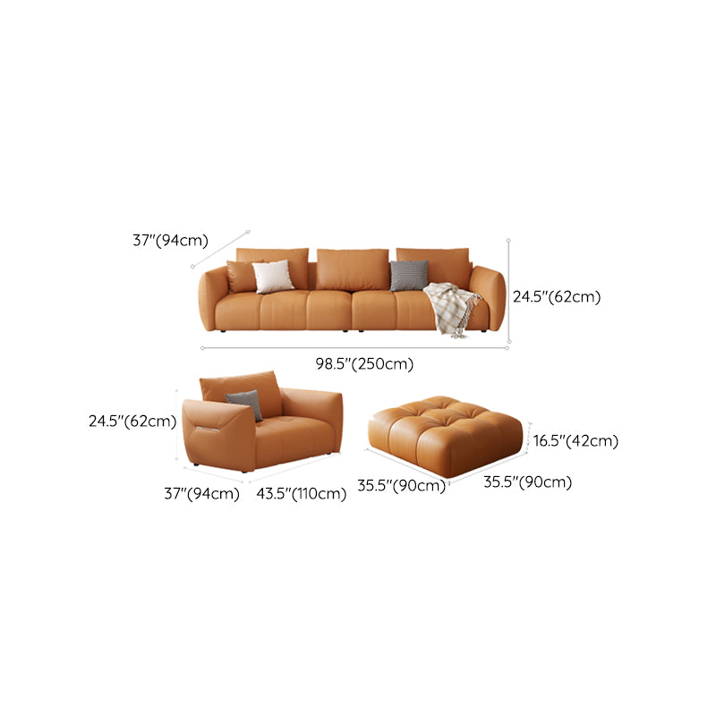 Scandinavian Genuine Leather Orange Pillows Square Arm Living Room Seating