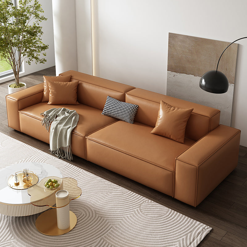 Vintage Genuine Leather Orange Cushions Square Arm Living Room Settee