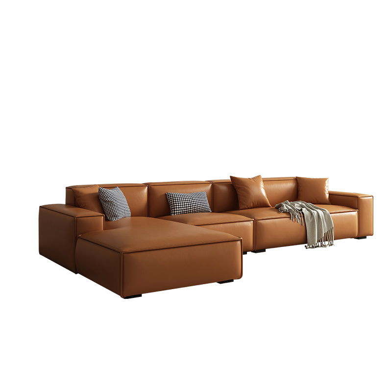 Vintage Genuine Leather Orange Cushions Square Arm Living Room Settee