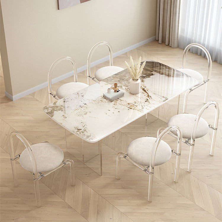 Glam Dining Table Set with Acrylic Base 1/5/7 Pcs Dinette Set with White Chairs