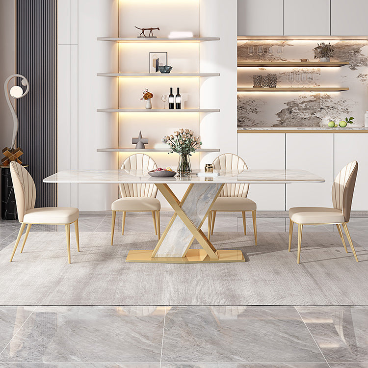 Glossy Gray Stone Dining Table Set 1/4/5/7 Pcs Glam Dinette Set with Leather Chairs