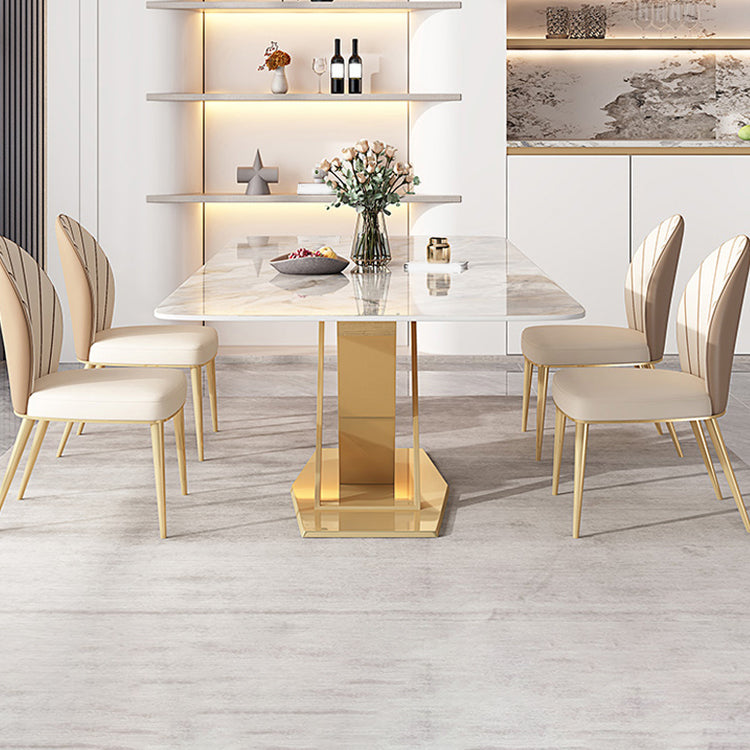 Glossy Gray Stone Dining Table Set 1/4/5/7 Pcs Glam Dinette Set with Leather Chairs