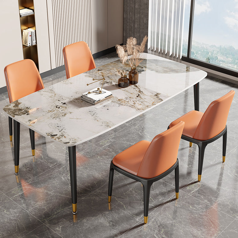 Rectangle Stone Top Dining Table Glam Style Kitchen Dining Table with Black Legs