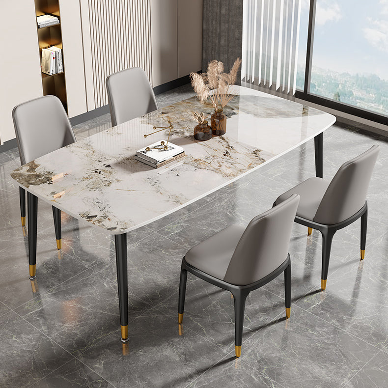 Rectangle Stone Top Dining Table Glam Style Kitchen Dining Table with Black Legs