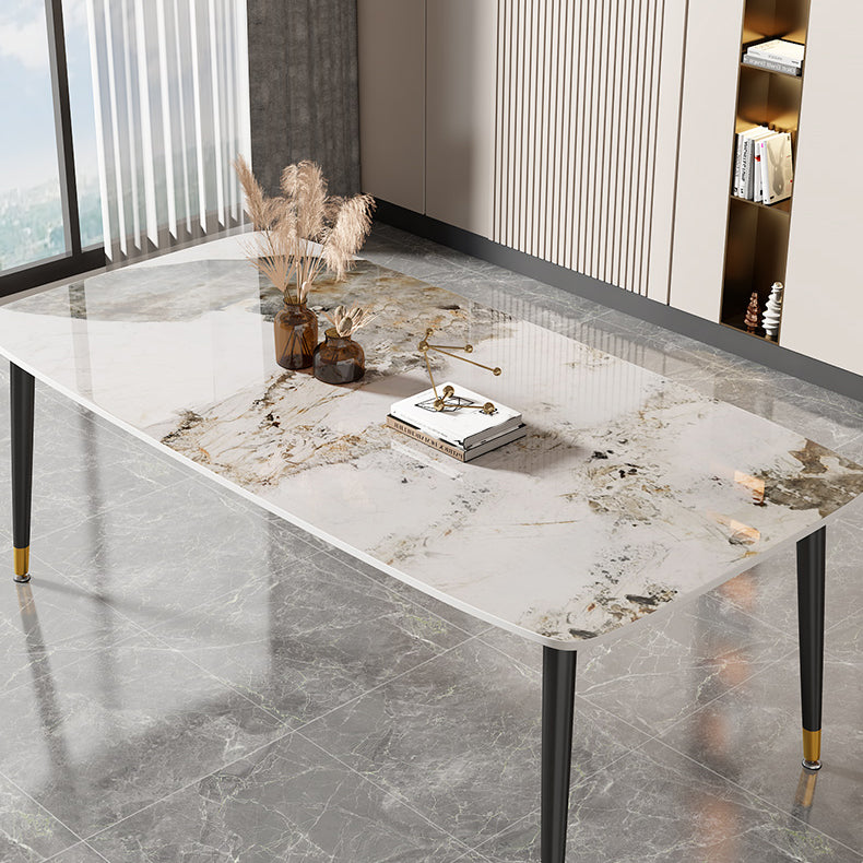 Rectangle Stone Top Dining Table Glam Style Kitchen Dining Table with Black Legs