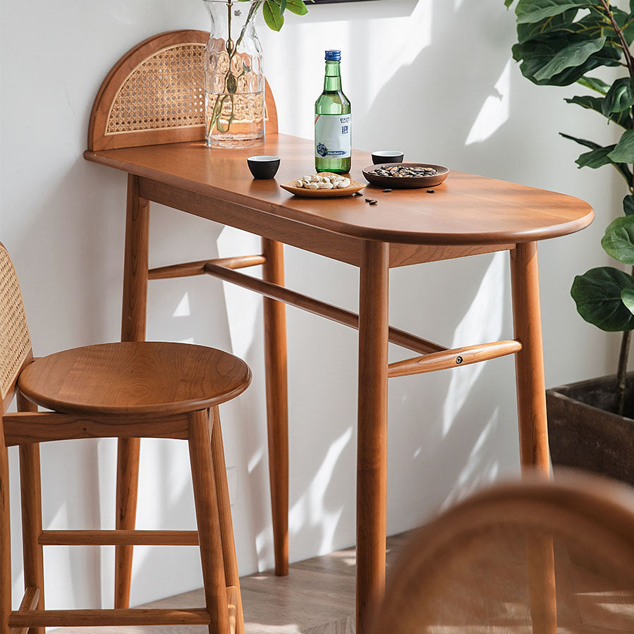 Modern Solid Wood Bar Table Set 1/2/3 Pcs Oval Bar Table and Stools in Brown