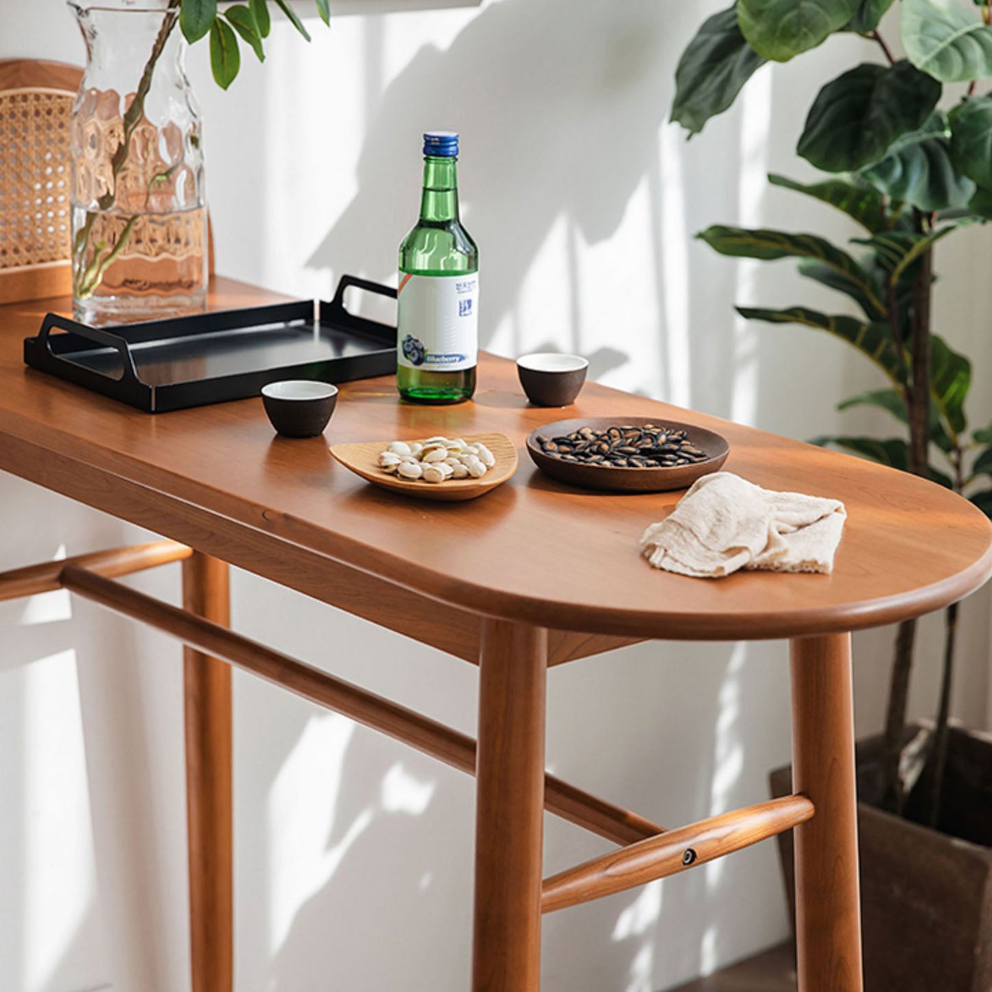 Modern Solid Wood Bar Table Set 1/2/3 Pcs Oval Bar Table and Stools in Brown