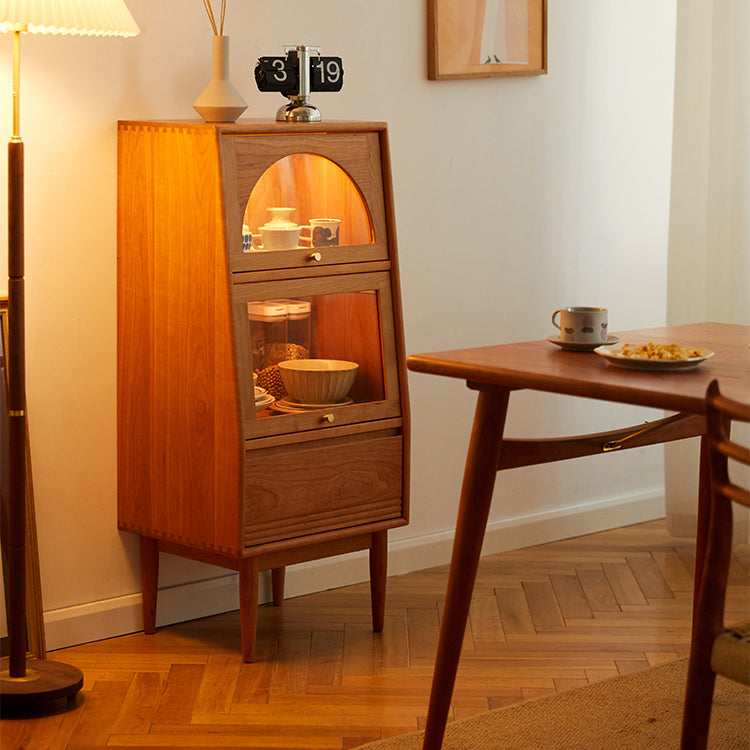 43.3" Tall Natural 1-Drawer Side Cabinet in Cherry 2 Glass Door Solid Wood Chest
