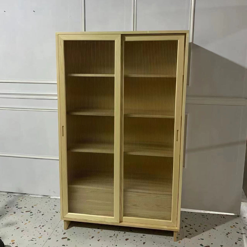 72" Tall Natural Glass Paned Accent Cabinet 2 Drawers Solid Wood Chest