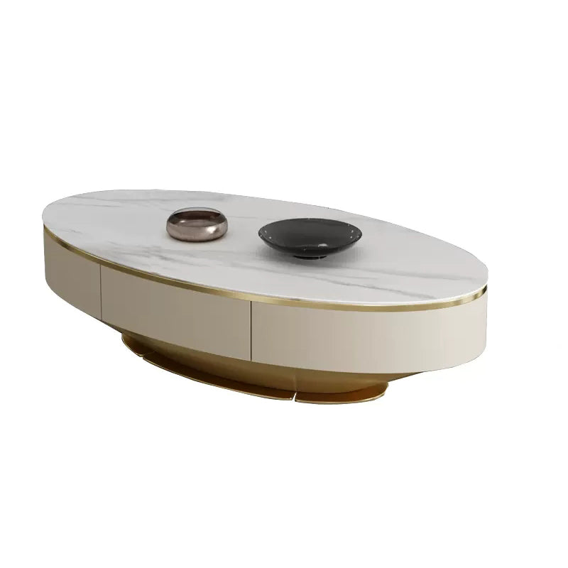 Glam Pedestal Base Coffee Table with Stone Top and Metal Base