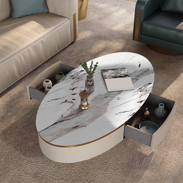 Glam Pedestal Base Coffee Table with Stone Top and Metal Base
