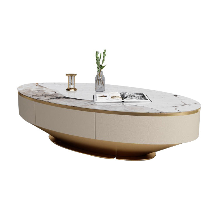Glam Pedestal Base Coffee Table with Stone Top and Metal Base