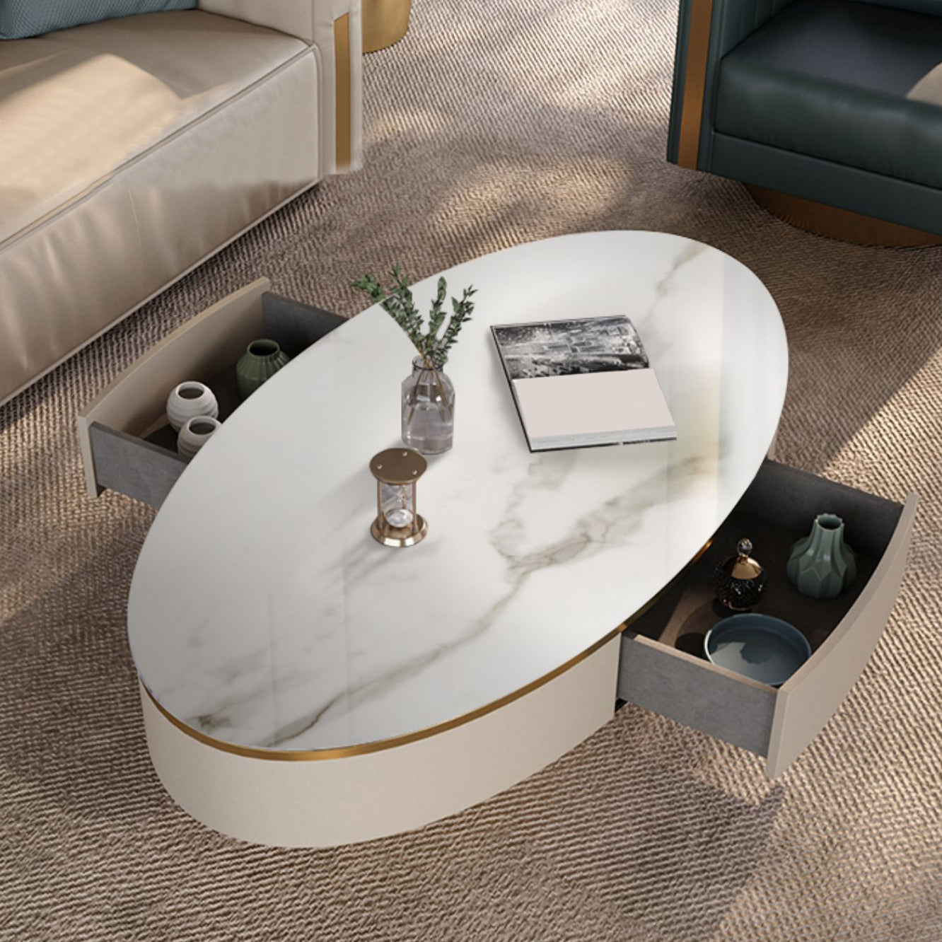 Glam Pedestal Base Coffee Table with Stone Top and Metal Base