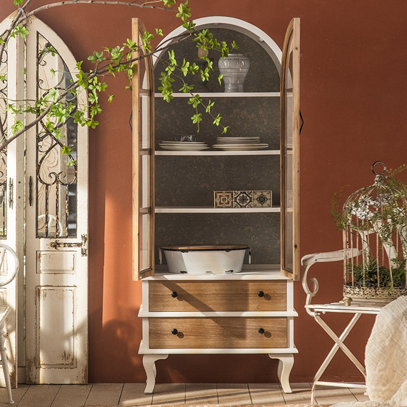 2-Door and 2-Drawer Accent Cabinet 69" Tall Solid Wood Glass Paned Storage Cabinet