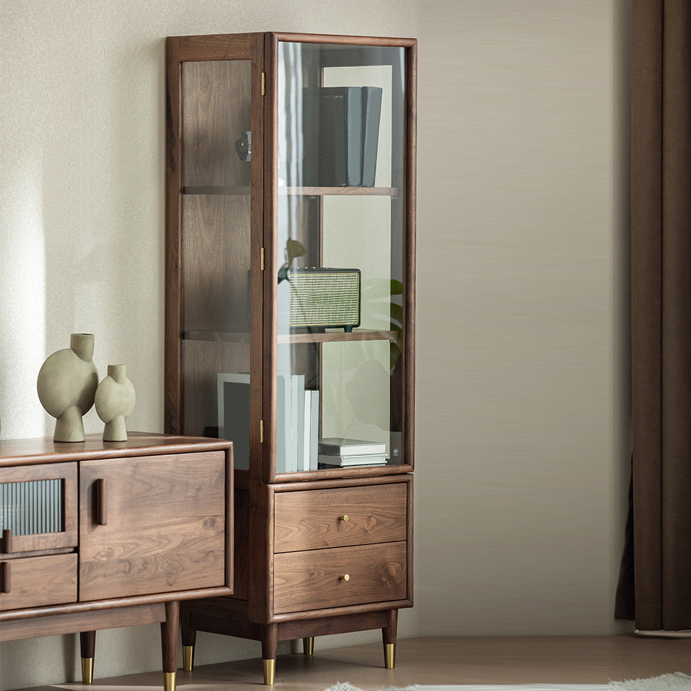 66.9" Tall 2-Drawer Accent Cabinet Solid Wood Glass Paned Side Cabinet in Walnut Brown