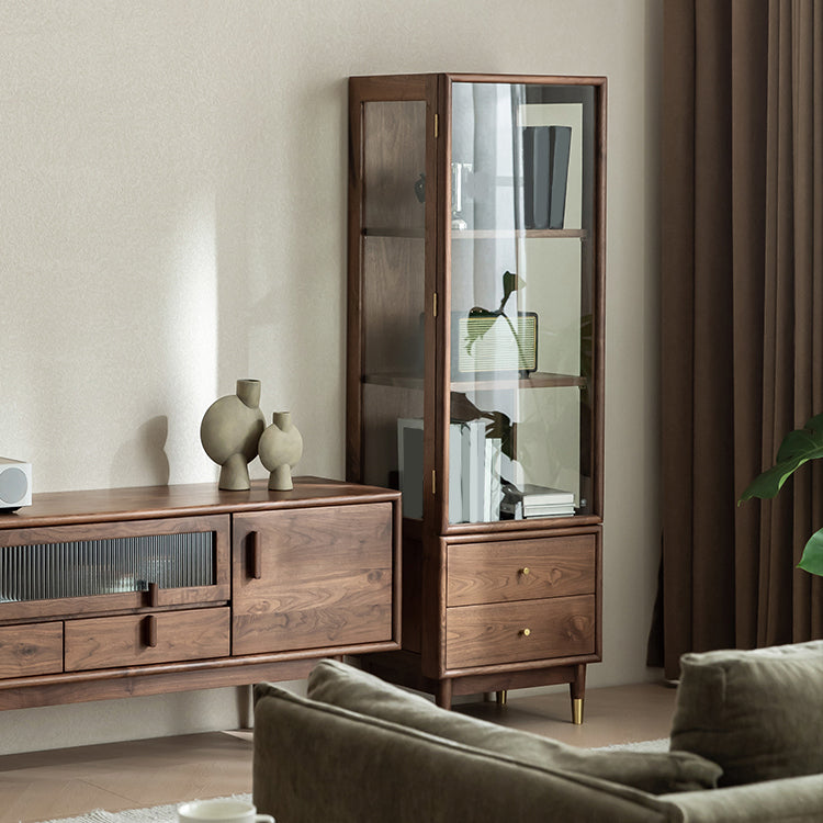 66.9" Tall 2-Drawer Accent Cabinet Solid Wood Glass Paned Side Cabinet in Walnut Brown
