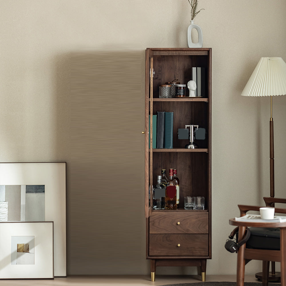 66.9" Tall 2-Drawer Accent Cabinet Solid Wood Glass Paned Side Cabinet in Walnut Brown
