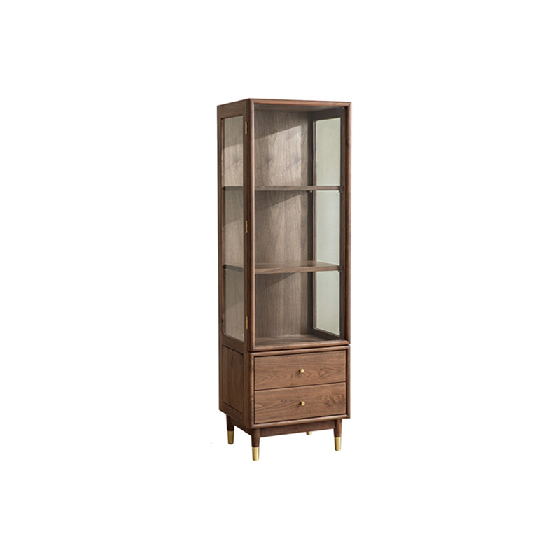 66.9" Tall 2-Drawer Accent Cabinet Solid Wood Glass Paned Side Cabinet in Walnut Brown