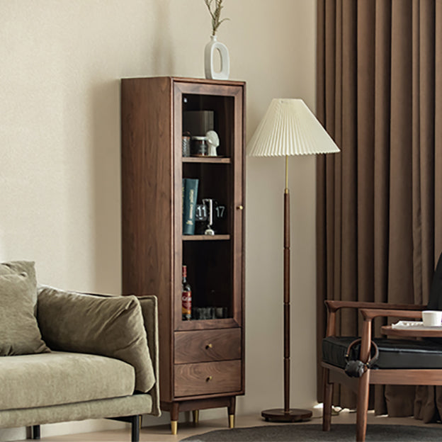 66.9" Tall 2-Drawer Accent Cabinet Solid Wood Glass Paned Side Cabinet in Walnut Brown