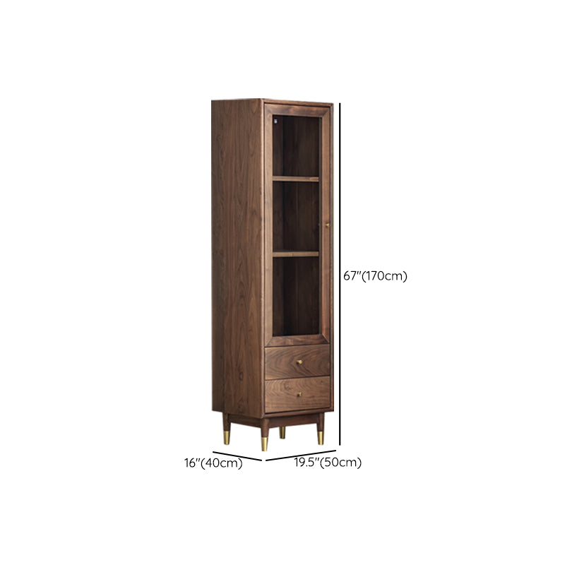 66.9" Tall 2-Drawer Accent Cabinet Solid Wood Glass Paned Side Cabinet in Walnut Brown