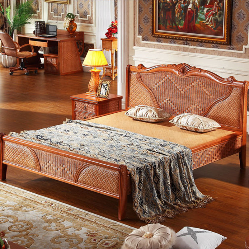 Mid Century Beveled Standard Bed Wicker & Rattan Bed Frame in Natural