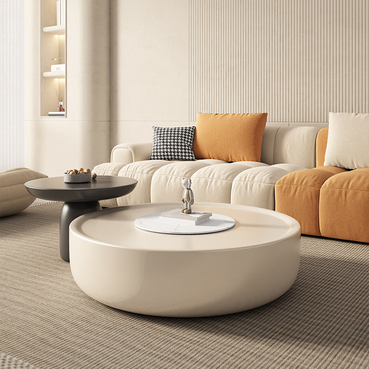 Contemporary Round Cream Coffee Table Set with Storage Drawer