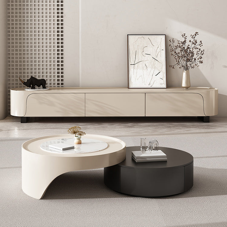 Modern 2 Nesting Coffee Table Set Round Slate Cocktail Table with 2 Drawers