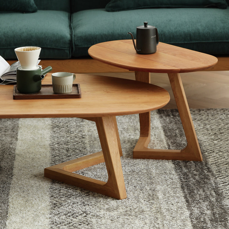 Ash Wood 2 Legs Coffee Table Elliptical 2 Nesting Cocktail Table Set