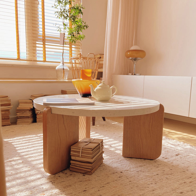 Solid Wood 3 Legs Coffee Table Modern 1 Single Terrazzo Cocktail Table