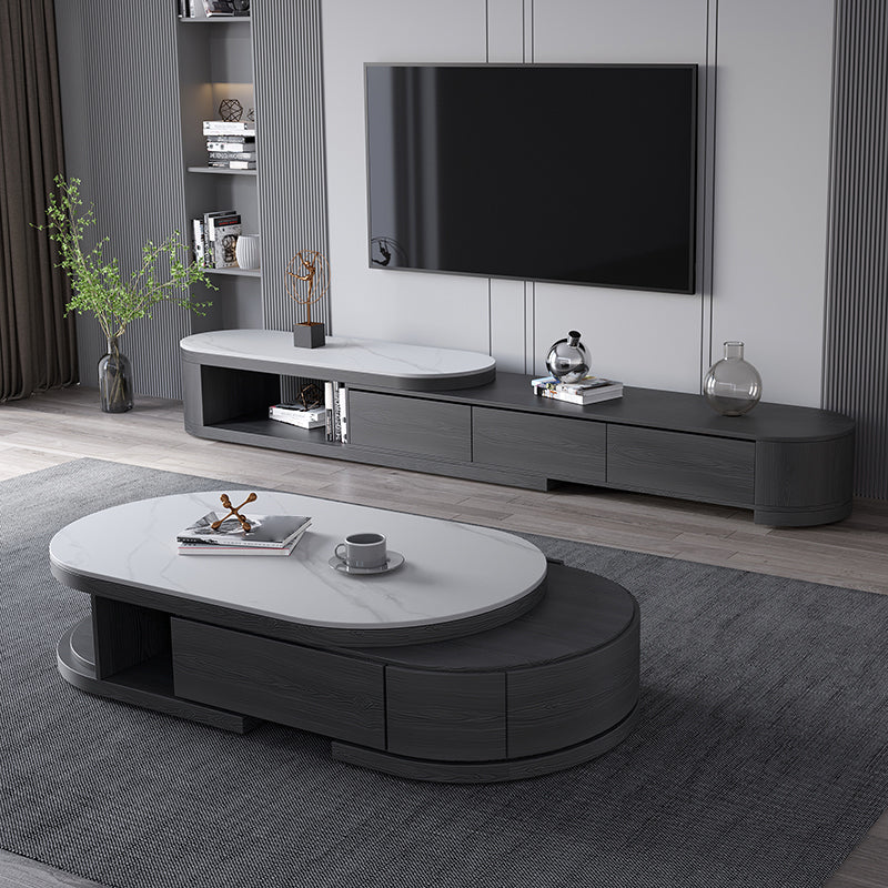 Slate and Wood Coffee Table Oval Single Coffee Table with Storage Drawers