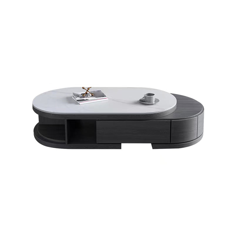 Slate and Wood Coffee Table Oval Single Coffee Table with Storage Drawers