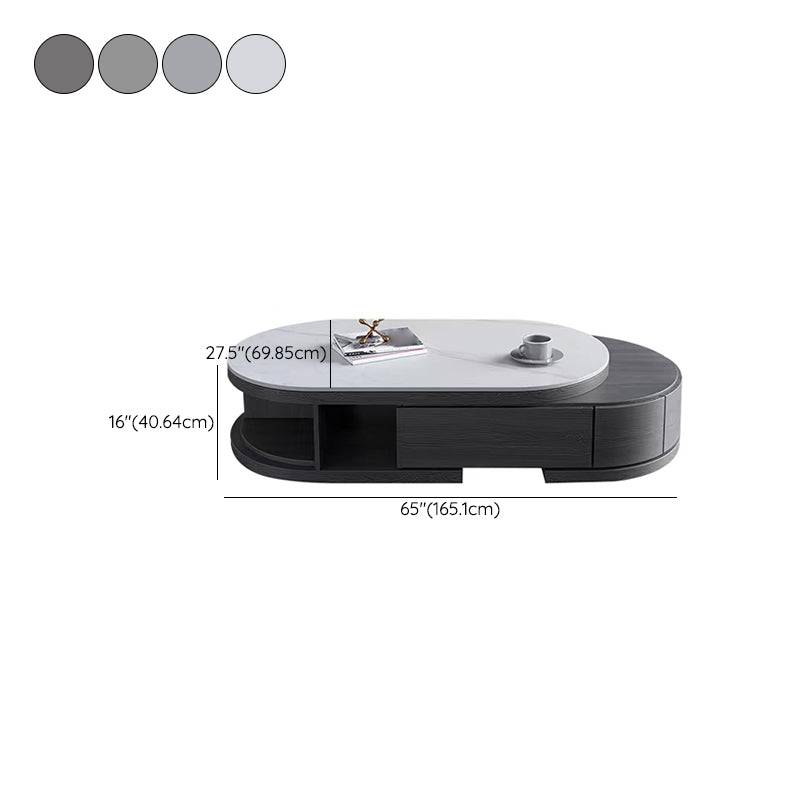 Slate and Wood Coffee Table Oval Single Coffee Table with Storage Drawers