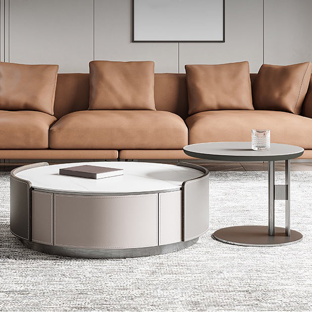 Slate and Leather Drum Coffee Table Modern Round Cocktail Table Set with Storage