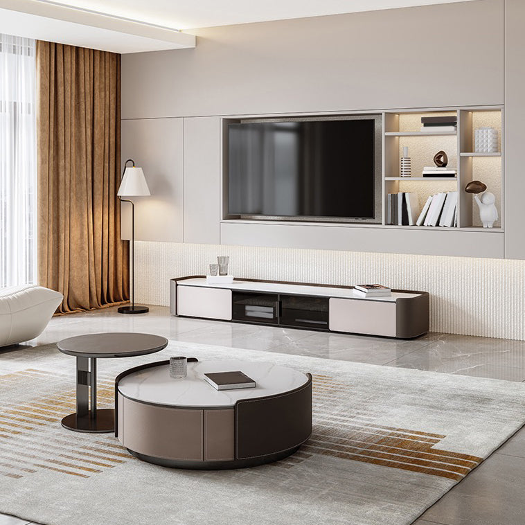 Slate and Leather Drum Coffee Table Modern Round Cocktail Table Set with Storage