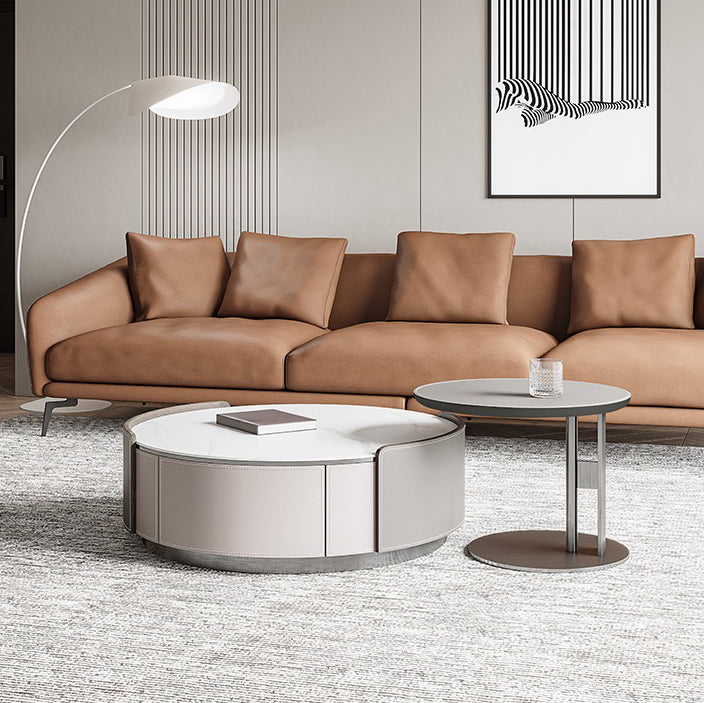 Slate and Leather Drum Coffee Table Modern Round Cocktail Table Set with Storage
