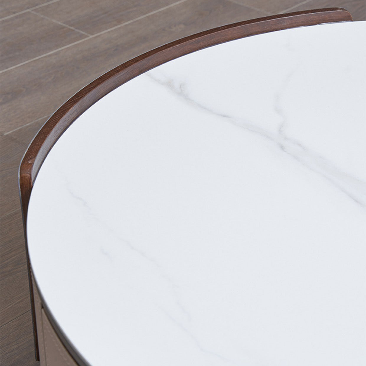 Slate and Leather Drum Coffee Table Modern Round Cocktail Table Set with Storage