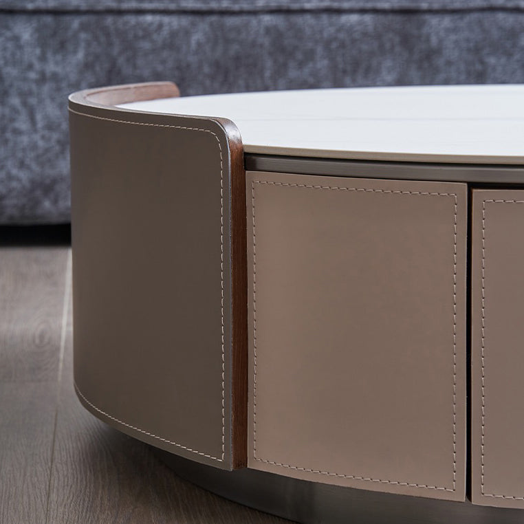Slate and Leather Drum Coffee Table Modern Round Cocktail Table Set with Storage