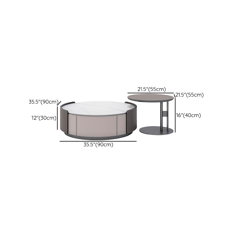 Slate and Leather Drum Coffee Table Modern Round Cocktail Table Set with Storage
