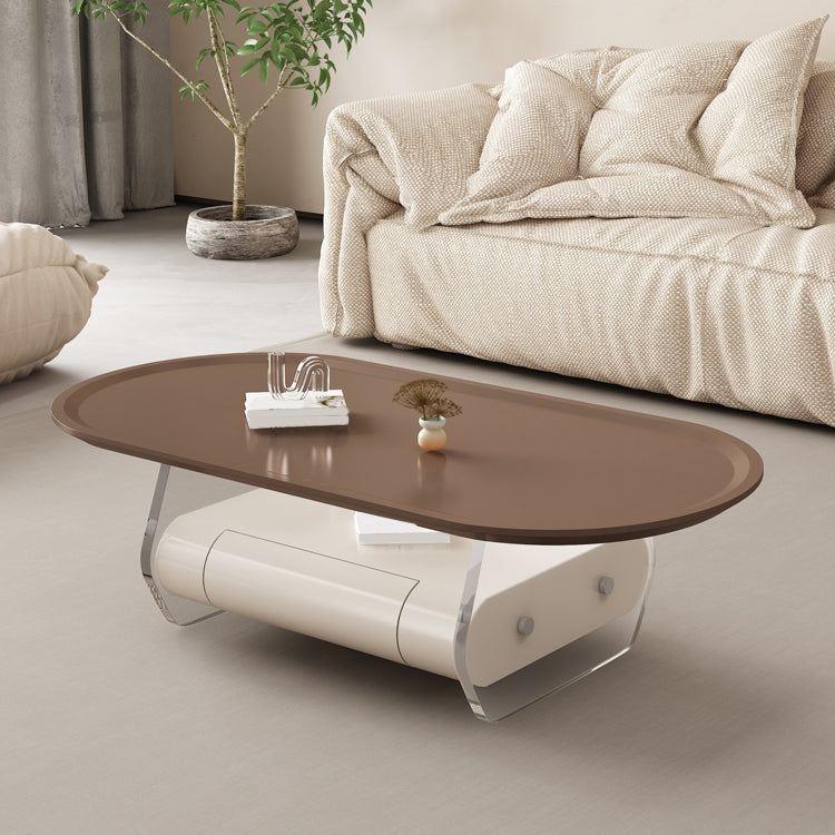 Brown Elliptical Coffee Table 15.7" H 1-Shelf & 1-Drawer Cocktail Table with Acrylic Legs