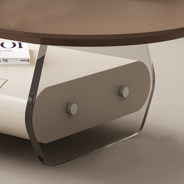 Brown Elliptical Coffee Table 15.7" H 1-Shelf & 1-Drawer Cocktail Table with Acrylic Legs