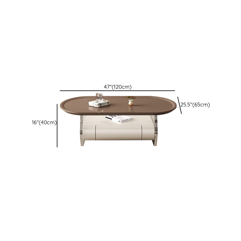 Brown Elliptical Coffee Table 15.7" H 1-Shelf & 1-Drawer Cocktail Table with Acrylic Legs