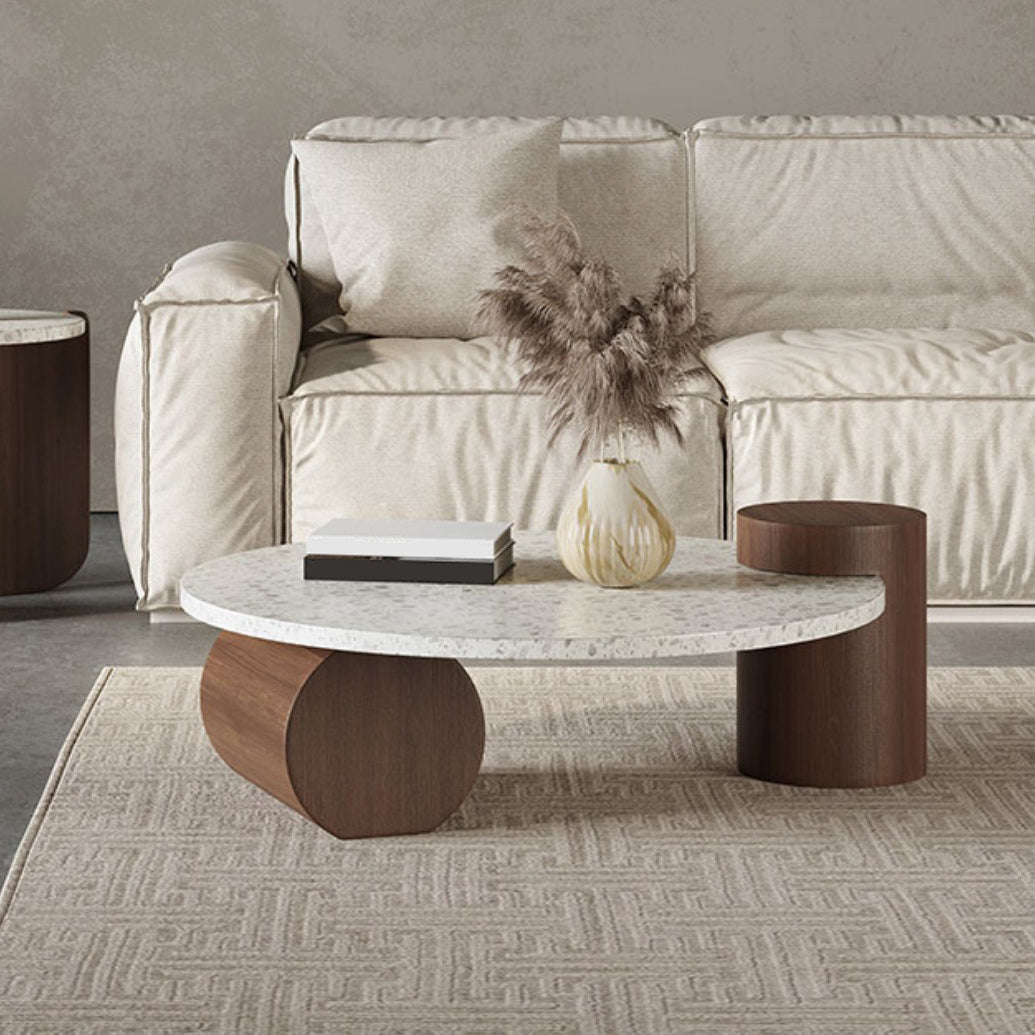 White Round Coffee Table Terrazzo and Pine Wood Cocktail Table Set