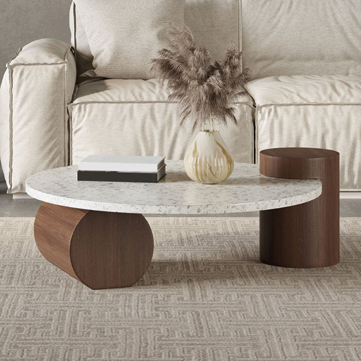 White Round Coffee Table Terrazzo and Pine Wood Cocktail Table Set