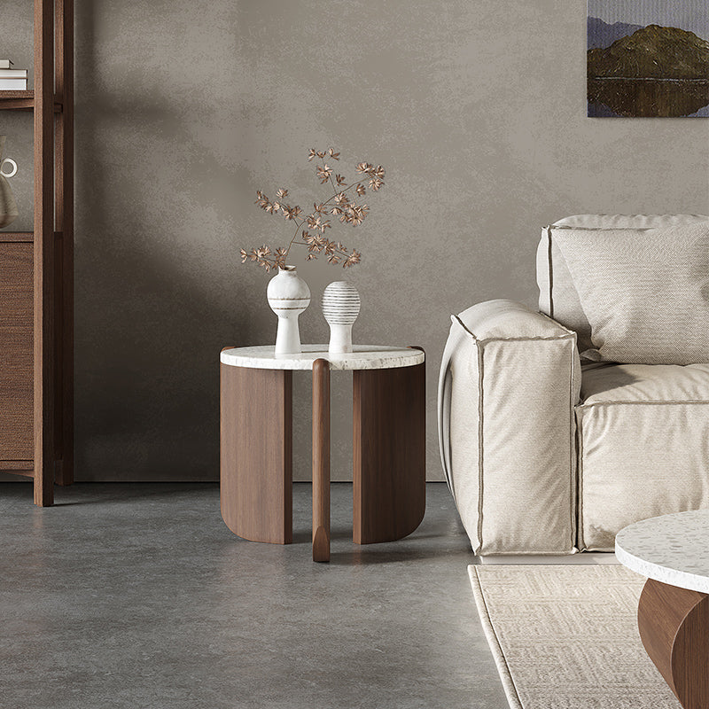 White Round Coffee Table Terrazzo and Pine Wood Cocktail Table Set