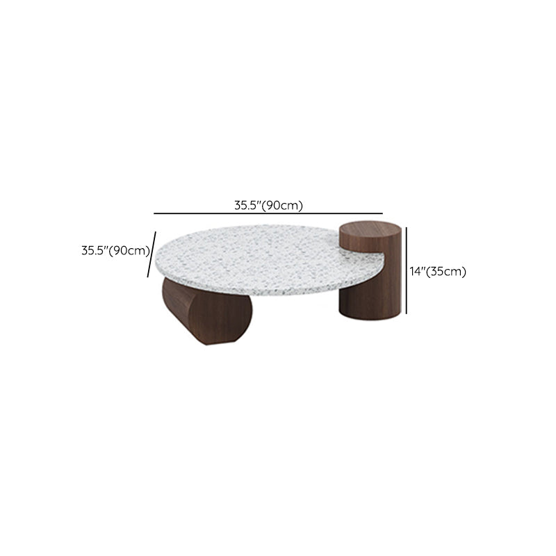 White Round Coffee Table Terrazzo and Pine Wood Cocktail Table Set