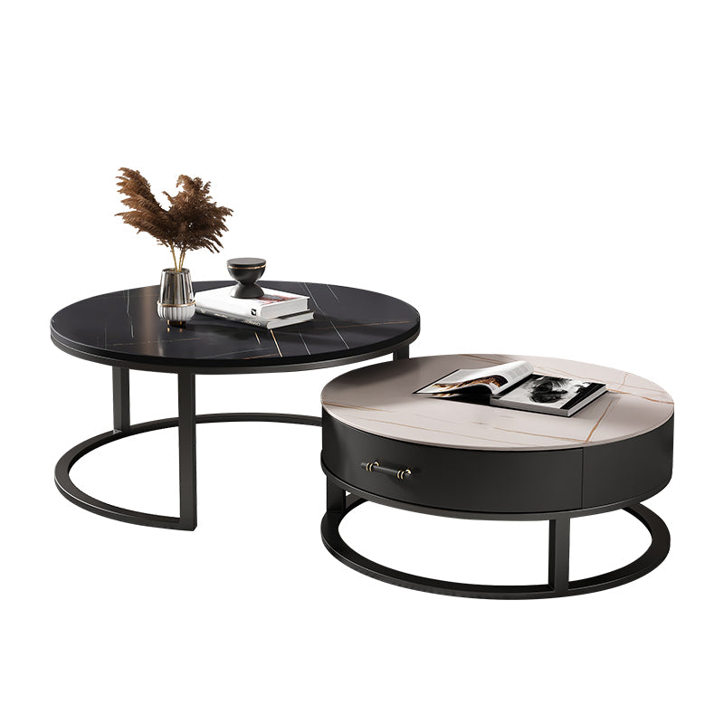 Round Slate Top Coffee Table Set Frame Cocktail Table with Storage Drawers